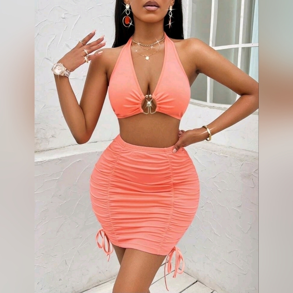 NWT Ring Linked Halter Top & Drawstring Side Bodycon Skirt Set